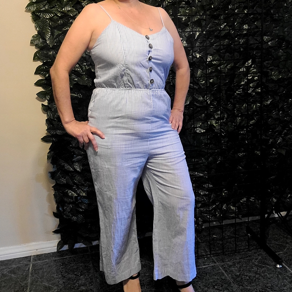 Jumpsuit women strapless striped buttons pockets wide leg